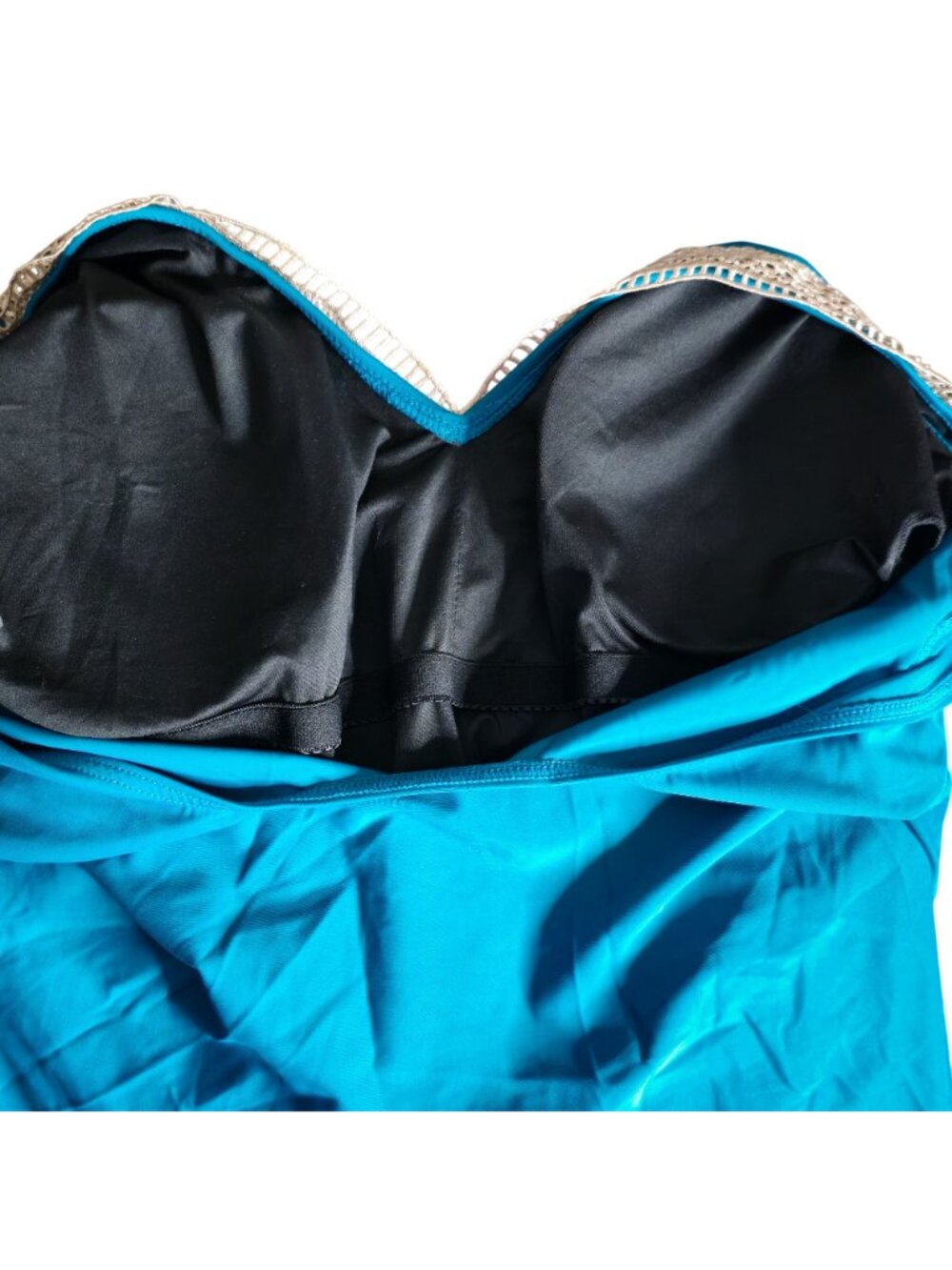Teal Crochet Trim One Piece Swimsuit L Ruffle V Neck Tummy Control - Picture 4 of 8